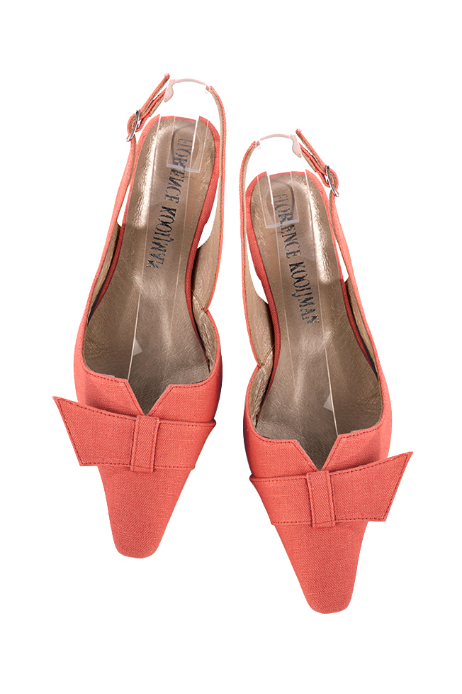 Women's coral slingback dress shoes, with a knot on the front. Tapered toe. Low block heels - Top view